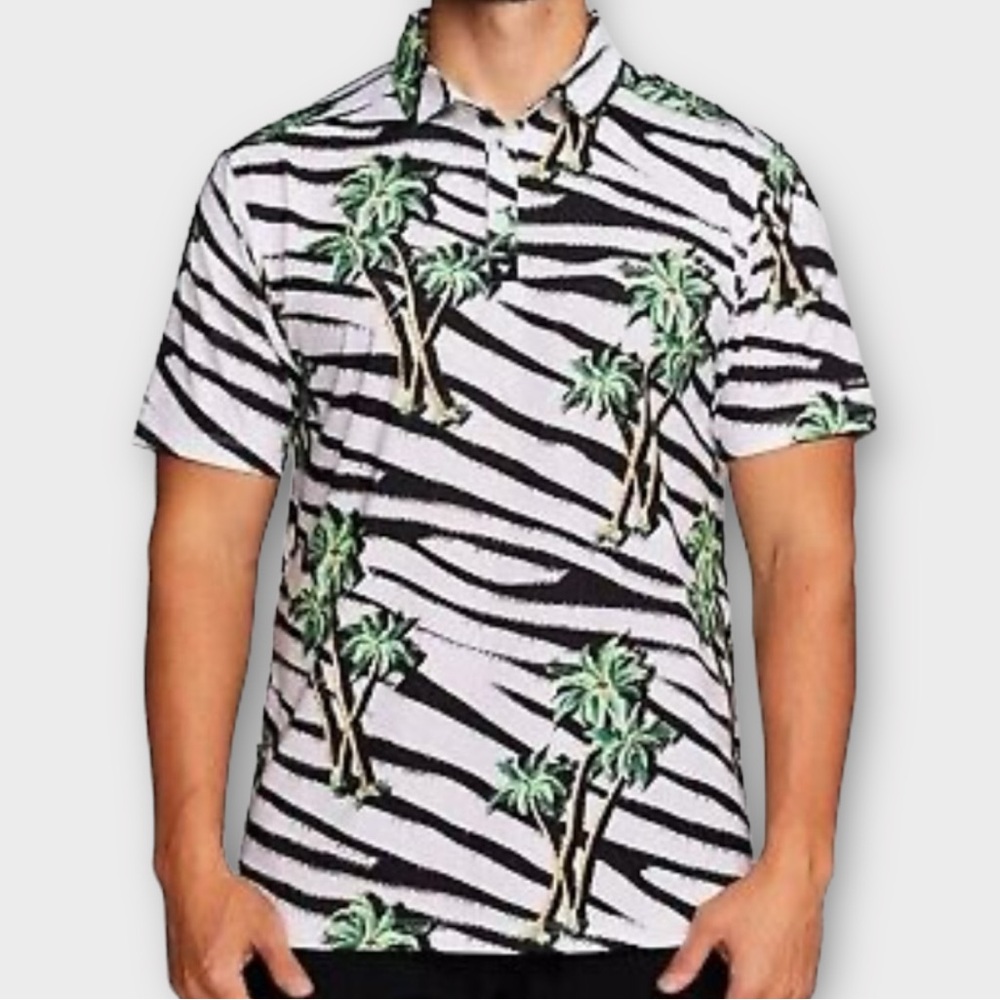 Bad Birdie Men’s Summer Safari Polo Shirt Medium Palm Tree Golf Casual Preppy